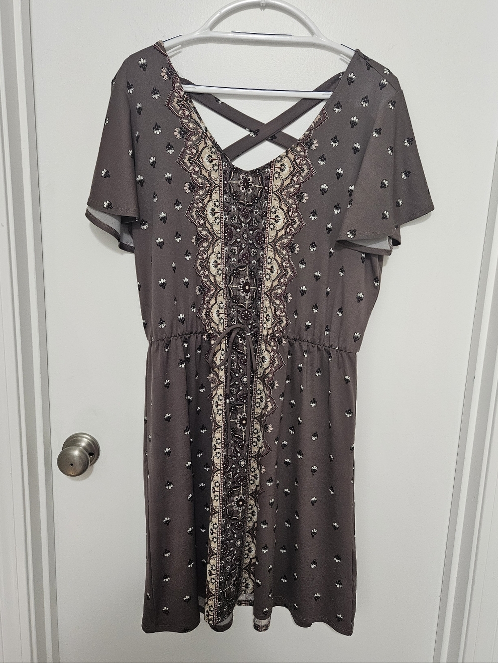 Maurices Brown Floral Border Print Mini Dress with Crisscross‎ Back Size XL